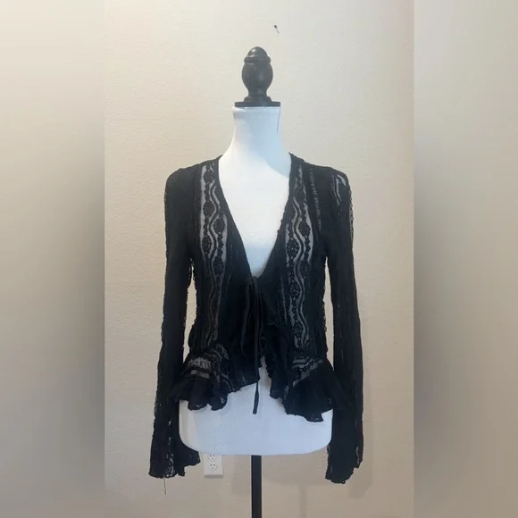 Peach V-Neck Tie-Strap Cardigan Long-Sleeved Chiffon Bell Sleeves Lace Top - Picture 1 of 7